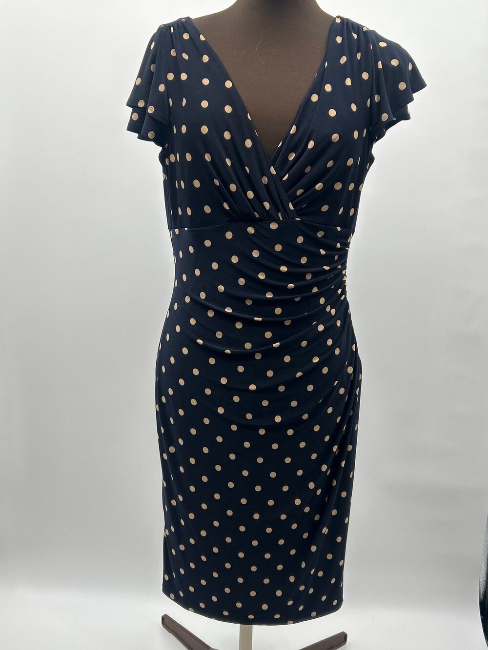 Lauren Ralph Lauren Polka Dot Ruched Dress Size 12 Navy Faux Wrap Sheath Preppy